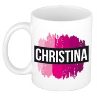 Naam cadeau mok / beker Christina  met roze verfstrepen 300 ml   - - thumbnail