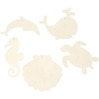 Creativ Company Zeedieren om op te hangen, zeepaard, schildpad, dolfijn, schelp en walvis, h: 5-10 cm, b: 5-10 cm, gatgrootte 3 mm, dikte 2 mm, 5 stuk/ 1 doos