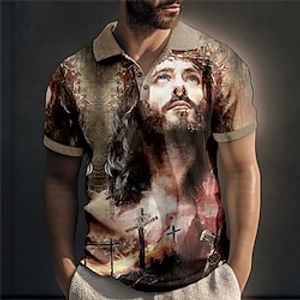 Voor heren POLO Shirt Revers polo Polo's met knopen Golfshirt Grafische prints Wijnoogst Portret Jezus Strijkijzer Rood blauw Groen Grijs Buiten Straat Korte Mouw Afdrukken Kleding Sport Modieus Lightinthebox
