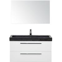 Seville Badmeubelset 100 cm - Wit Hoogglans - Wastafel Hardsteen Wit Lucca met Spiegel