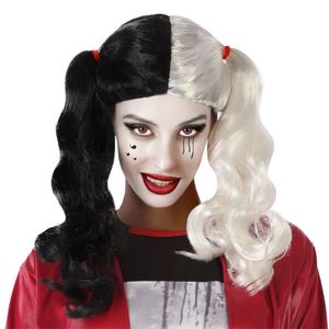 Atosa Halloween verkleedpruik lang haar met staartjes - zwart/wit - dames   -