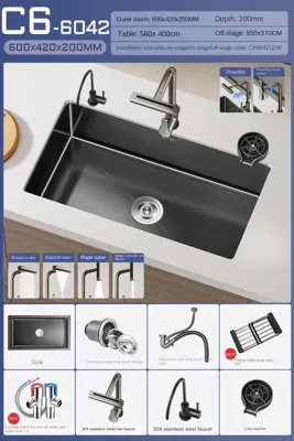 Luxe Waterval Keukenspoelbak - Zwart RVS | Enkelbak | Onderbouw | Inclusief Kraan & Zeepdispenser