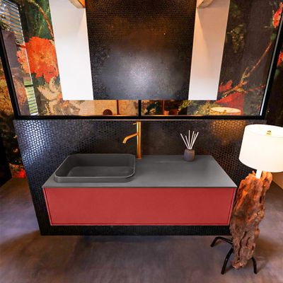 Badkamermeubelset Mondiaz Erin 120 cm met 1 Lade met RIDGE Wastafel Links Dark grey met 1 kraangat Greeploos Mat Fire