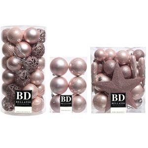 76x stuks kunststof kerstballen met ster piek lichtroze (blush pink) mix