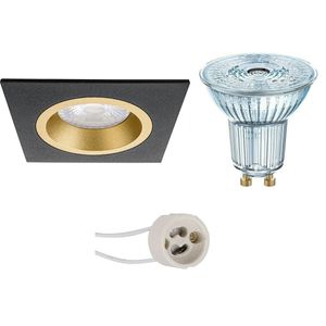 LED Spot Set - LEDVANCE Parathom PAR16 927 36D - Pragmi Rodos Pro - GU10 Fitting - Dimbaar - Inbouw Vierkant - Mat Zwart/Goud - 5.5W - Warm Wit 2700K - 93mm