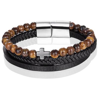 Heren armband Memphis Tijgeroog kraal gevlochten leer Kruis Zilverkleurig Bruin Zwart - 20cm