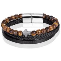 Heren armband Memphis Tijgeroog kraal gevlochten leer Kruis Zilverkleurig Bruin Zwart - 20cm