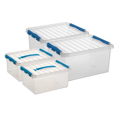 Sunware Q-Line opberg boxen set 4x stuks - 2 maten - 15 en 36 liter - kunststof - transparant/blauw
