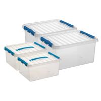 Sunware Q-Line opberg boxen set 4x stuks - 2 maten - 15 en 36 liter - kunststof - transparant/blauw