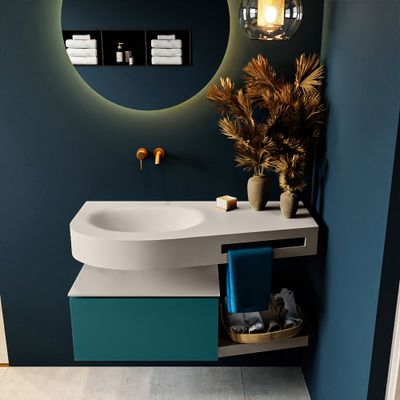 MONDIAZ RIVA 100cm badmeubel onderkast / planchet kleur Smag met 1 lade. Wastafel DULCET links 0 kraangaten kleur Linen.