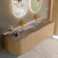 Badmeubel Mondiaz Kurve-Dlux | 145 cm | Meubelkleur Oak | Wastafelkleur Sombra | Solid surface | Wasbak rechter zijde spoelbak | 2 kraangaten
