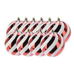 Kerstballen - 10x stuks - 8 cm - rood/wit - strepen - kunststof - kerstversiering