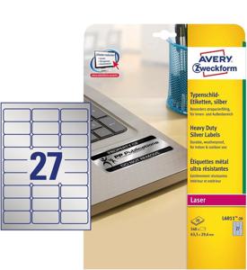 Avery-Zweckform L6011-20 Etiketten voor typeplaatjes 63.5 x 29.6 mm Polyester folie Zilver 540 stuk(s) Permanent hechtend Laser (zwart/wit), Kopiëren