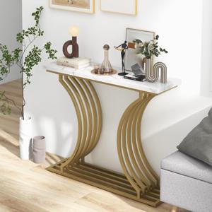 Consoletafel Gouden Entreetafel Moderne Ingangstafel Marmerlookmet Wit Tafelblad Smalle Haltafel met Metalen Poten 100 cm