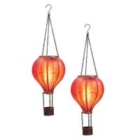 Solar luchtballon lantaarn - 2x - roze - hangend - 20 led lampjes - vlam effect - 14 x 45 cm