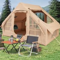 Opblaasbare Tent voor 4-6 Personen Grote Campingtent met 4 Netramen 2 Deuren Beige