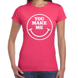 Verkleed T-shirt voor dames - you make me - Smile Emoticon - roze - carnaval - foute party - feestkl