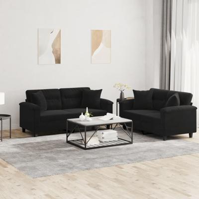 2-delige Loungeset met kussens microvezelstof zwart