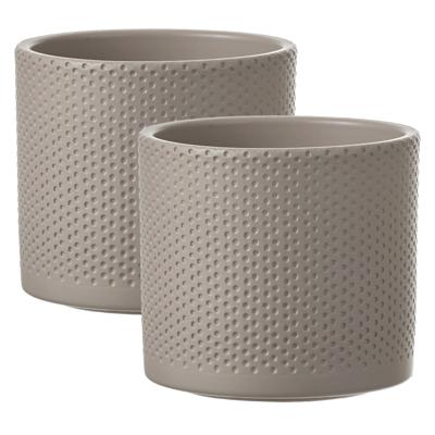 Mica Decorations Bloempot - 2x - taupe - relief - keramiek - D15 x H13 cm - plantenpotten binnen
