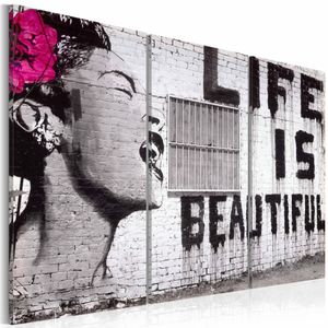 Schilderij - Banksy - Life is Beautiful, Zwart-Wit, 3luik , ,wanddecoratie , premium print op canvas