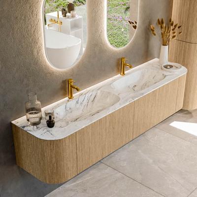 Mondiaz KURVE-DLUX 190 cm Onderkast Greeploos 2 Lades Met Deuren Oak, Wastafel Solid Surface Dubbel Glace 2 Kraangaten Zonder Spiegel (KRVSTS190L+R2L2D2KD-Oak/Gla)