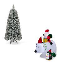 Kunstmatige Dennenboom met Led-lampjes en Opblaasbare Kerstmanbeer Opvouwbare Kerstboom in Warm Wit en Opblaasbare Kerstboom