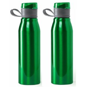 Aluminium waterfles/drinkfles - 2x - metallic groen - met schroefdop - 700 ml