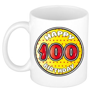 Bellatio Decorations Verjaardag cadeau mok - 100 jaar - geel - sterretjes - 300 ml - keramiek - feest mokken