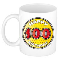 Bellatio Decorations Verjaardag cadeau mok - 100 jaar - geel - sterretjes - 300 ml - keramiek - feest mokken - thumbnail