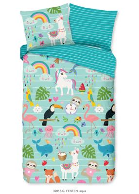 Good Morning Kinderdekbedovertrek "dieren en regenbogen" - Aqua - (140x200/220 cm) - Katoen Good Morning Kinderdekbedovertrek "dieren en regenbogen" - Aqua - (140x200/220 cm) - Katoen