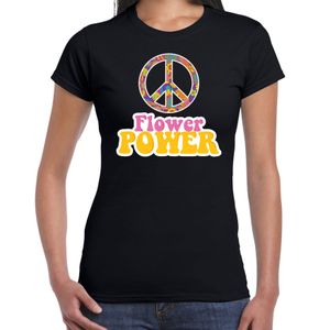 Jaren 60 Flower Power verkleed shirt zwart met roze en geel dames