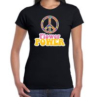 Jaren 60 Flower Power verkleed shirt zwart met roze en geel dames - thumbnail