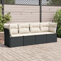 4-delige Loungeset met kussens poly rattan zwart