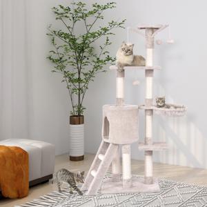 Krabpaal 140 cm Krabpaal met Plateaus Krabpaal Kattenmeubels Klimboom Activiteitenboom Beige