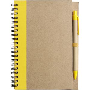 Notitie boekje/blok met balpen - harde kaft - beige/geel - 18 x 13 cm - 60 bladzijden gelinieerd
