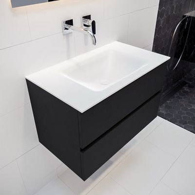 Mondiaz Vica Cloud badmeubel zwart mat 80 cm 2 lades solid surface enkele spoelbak midden zonder kraangat