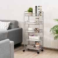 Oprolbare 5 Laags Metaalgaas Trolley met 5 Haken Multifunctionele Gebruik Kar Keuken Opbergkar op Wielen 43,5 x 26 x 104cm Grijs