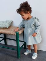 Fleece jurkje voor baby's met ruches van Engels borduurwerk grijsblauw