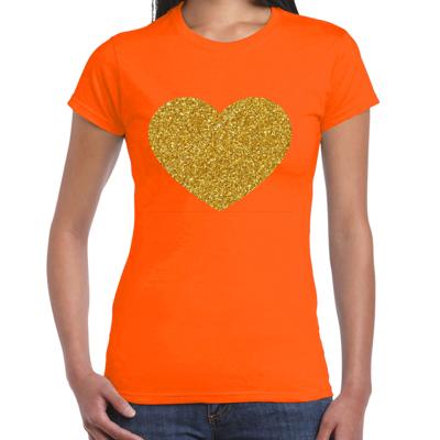 Verkleed T-shirt voor dames - oranje - hartje - glitter goud - themafeest / Koningsdag