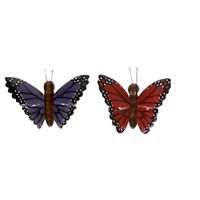 2x Houten magneten vlinders rood en paars   -