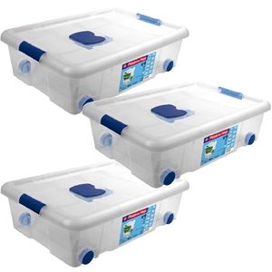 3x Opbergboxen/opbergdozen met deksel en wieltjes 31 liter kunststof transparant/blauw