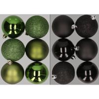 12x stuks kunststof kerstballen mix van appelgroen en zwart 8 cm - Kerstbal