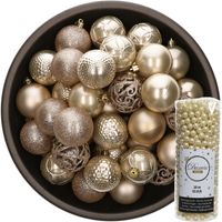 37x stuks kunststof kerstballen 6 cm inclusief kralenslinger champagne - thumbnail