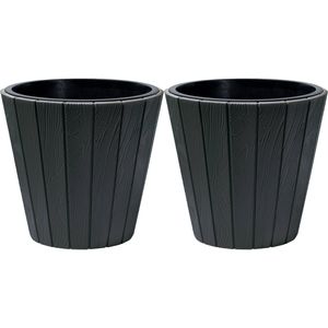 Prosperplast Plantenpot/bloempot Wood Style - 2x - buiten/binnen - kunststof - antraciet - D30 x H28 cm - Plantenpotten