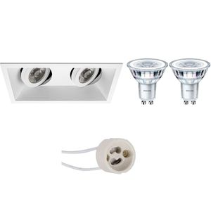LED Spot Set - Pragmi Zano Pro - GU10 Fitting - Inbouw Rechthoek Dubbel - Mat Wit - Kantelbaar - 185x93mm - Philips - CorePro 827 36D - 3W - Warm Wit 2700K - Dimbaar
