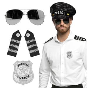 Carnaval verkleed set - politiepet Sparkle - zwart - met epauletten/badge/zonnebril - heren/dames