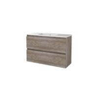 Basic-Line Start 39 Badkamermeubelset - Ondiep - 100 x 39 cm - Greeploos - 2 Lades - Keramische Wastafel - 1 Kraangat - Scotch Oak
