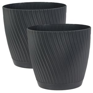 Form Plastic Plantenpot/bloempot Waves - 2x - kunststof - antraciet - D13 x H12 cm - met schotel