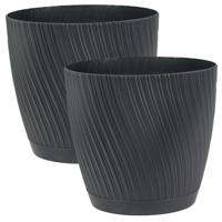 Form Plastic Plantenpot/bloempot Waves - 2x - kunststof - antraciet - D13 x H12 cm - met schotel - thumbnail