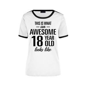 Awesome 18 year / 18 jaar wit/zwart ringer cadeau t-shirt voor dames